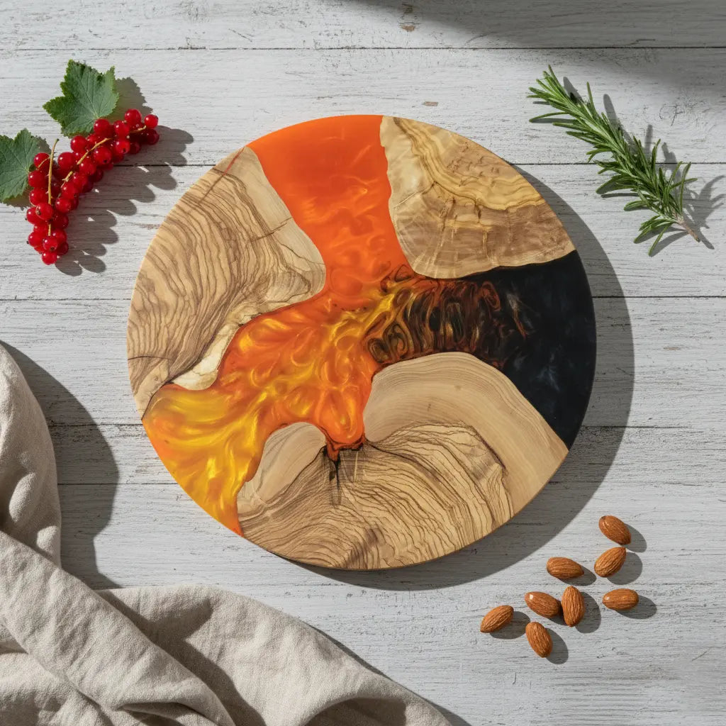 Amber Current – Handmade Olive Wood & Epoxy Resin Round Serving Board KitchenResinArt